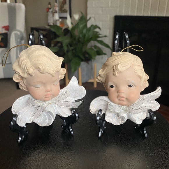 Hand Painted Fontanini-Inspired Cherub Head Ornament Pair - Picture 1 of 7